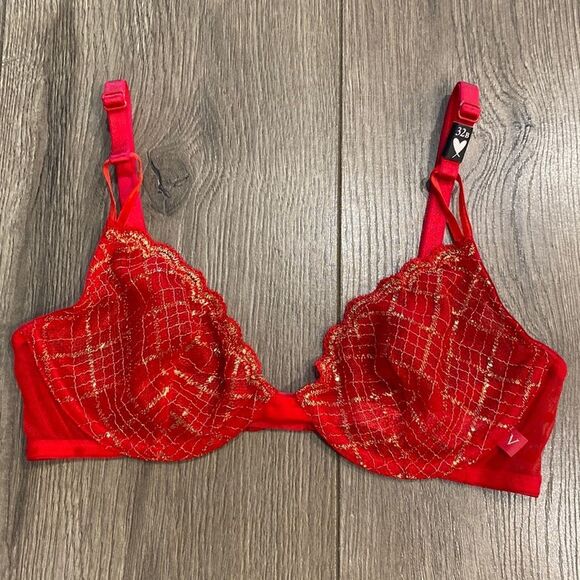 Victoria’s Secret Unlined Convertible Red And Gold Bra Size 32B - Picture 1 of 11